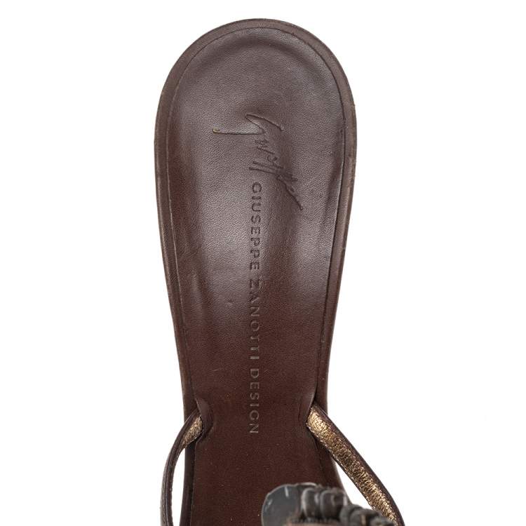 Pre Owned Giuseppe Zanotti Brown Leather Crystal Embellished Strappy Sandals Size 39.5