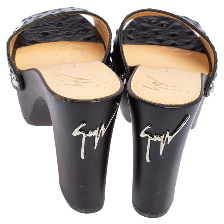 Pre Owned Giuseppe Zanotti Black Ostrich Embossed Leather Gladis Platform Clogs Size 38