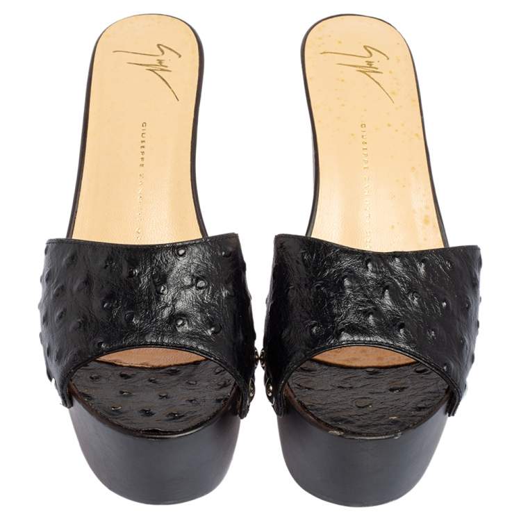 Pre Owned Giuseppe Zanotti Black Ostrich Embossed Leather Gladis Platform Clogs Size 38