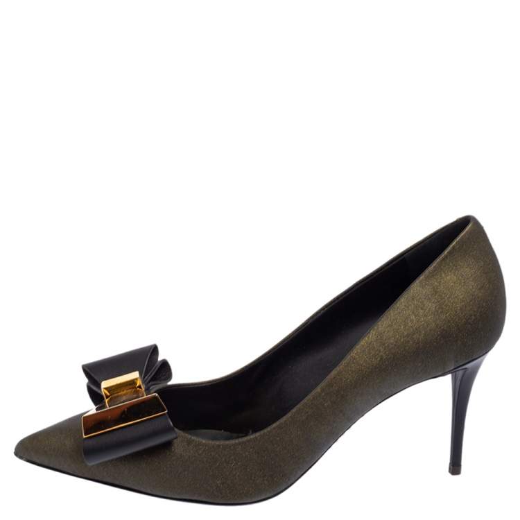 Pre Owned Giuseppe Zanotti Metallic Bronze Leather Bow Embellished Pointed Toe Pumps  Size 37.5