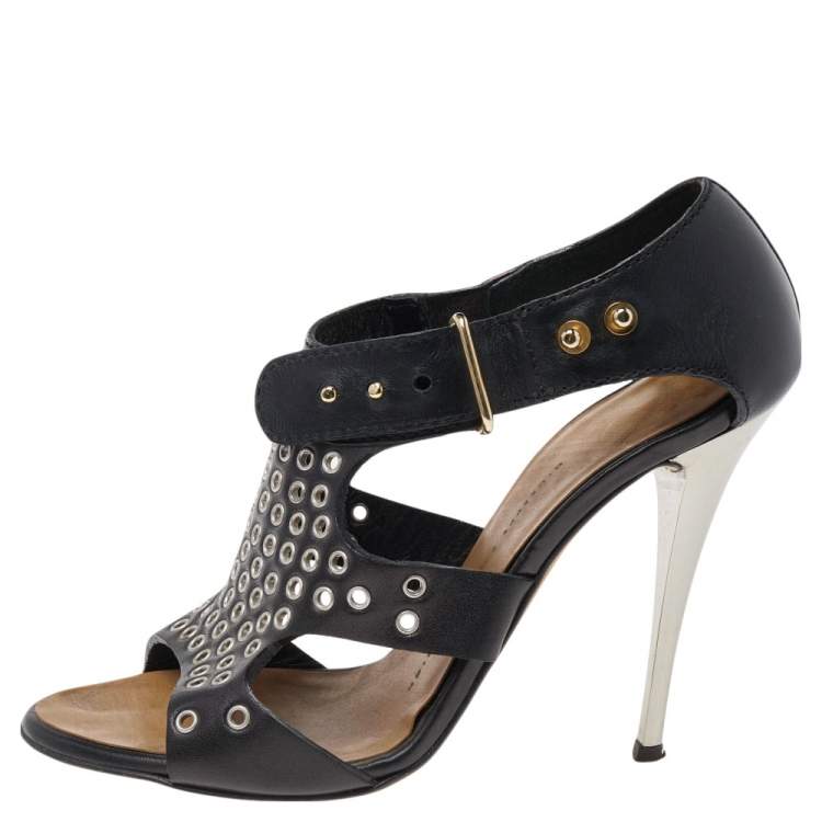 Pre Owned Giuseppe Zanotti Black Leather Eyelet Ankle Strap Sandals Size 36