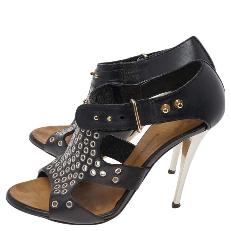 Pre Owned Giuseppe Zanotti Black Leather Eyelet Ankle Strap Sandals Size 36
