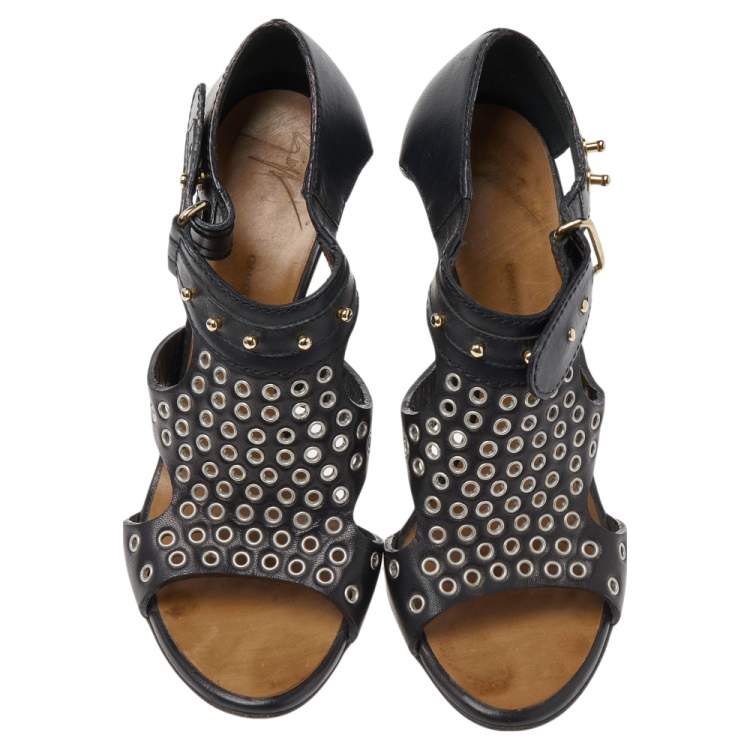 Pre Owned Giuseppe Zanotti Black Leather Eyelet Ankle Strap Sandals Size 36