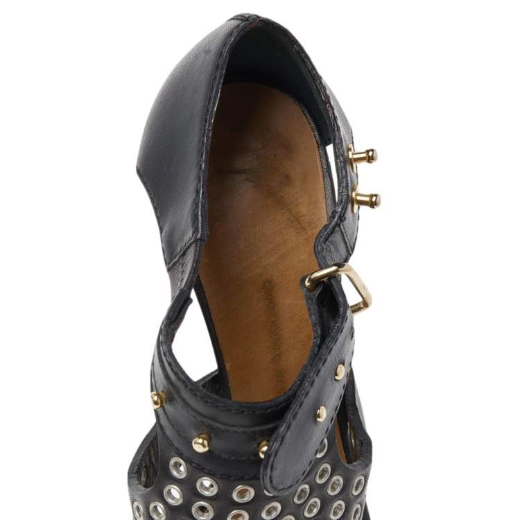Pre Owned Giuseppe Zanotti Black Leather Eyelet Ankle Strap Sandals Size 36