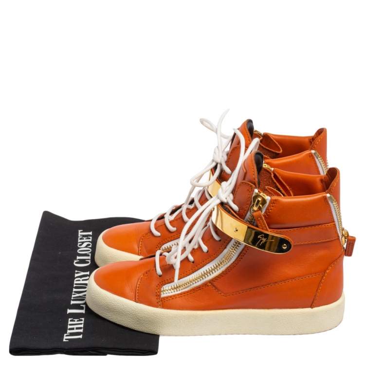 Pre Owned Giuseppe Zanotti Orange Leather Coby High Top Sneakers Size 38