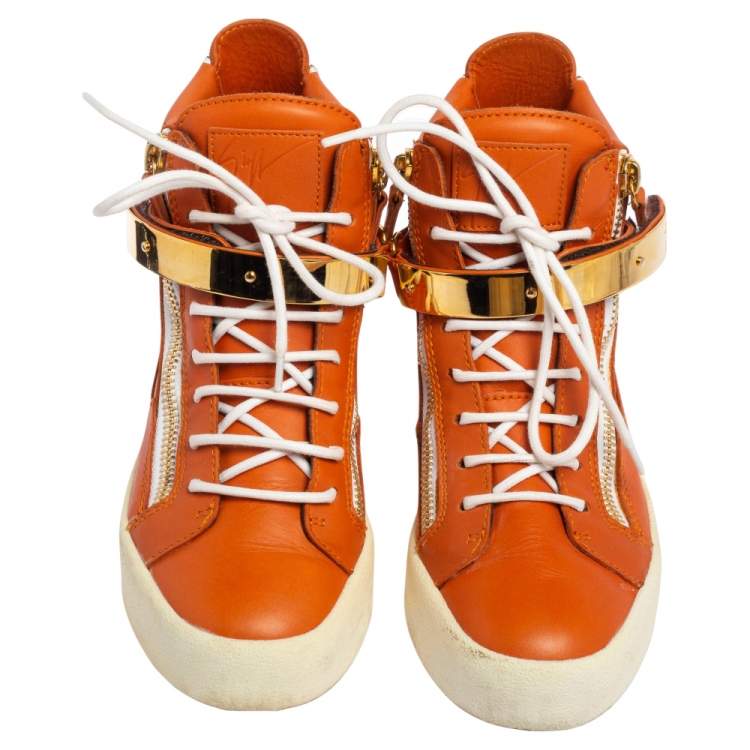 Pre Owned Giuseppe Zanotti Orange Leather Coby High Top Sneakers Size 38
