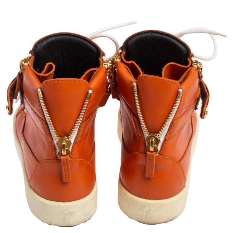 Pre Owned Giuseppe Zanotti Orange Leather Coby High Top Sneakers Size 38
