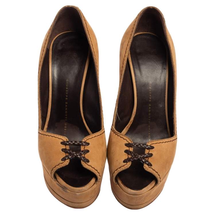 Pre Owned Giuseppe Zanotti Tan Nubuck Leather Platform  Pumps Size 36
