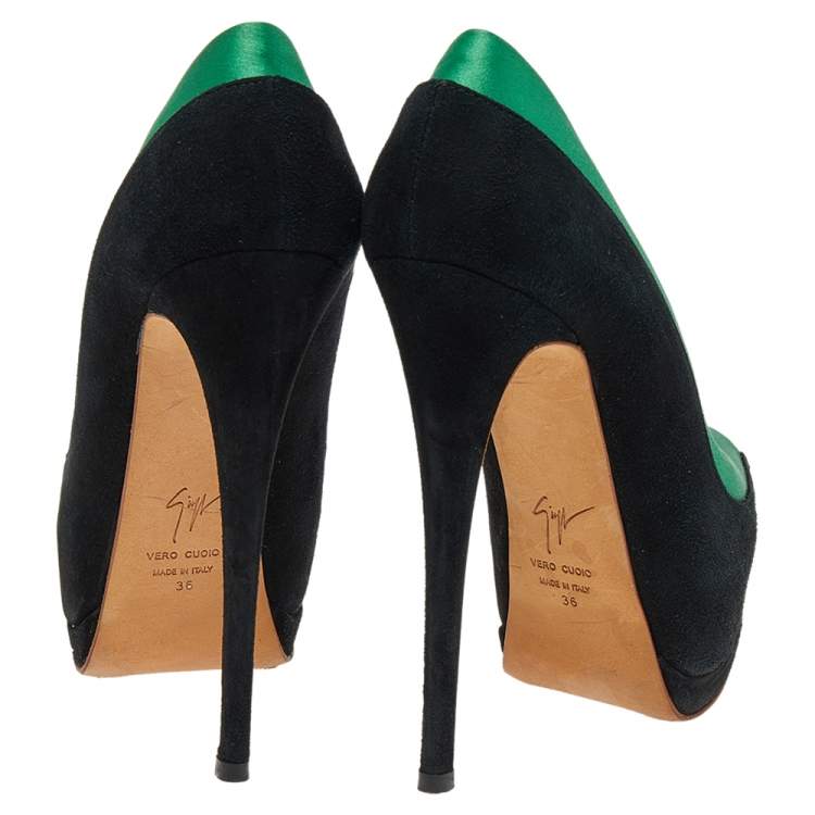 Pre Owned Giuseppe Zanotti Black/Green Satin and Suede Peep Toe Platform Pumps Size 36