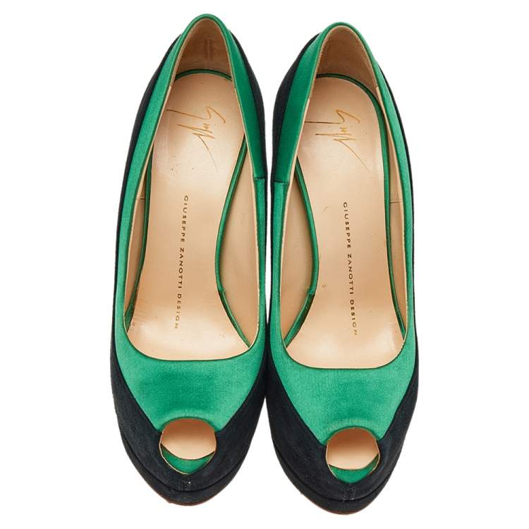 Pre Owned Giuseppe Zanotti Black/Green Satin and Suede Peep Toe Platform Pumps Size 36