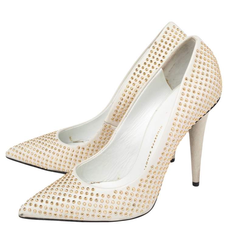 Pre Owned Giuseppe Zanotti Grey Leather Stud Embellished Pointed Toe Pumps Size 36.5