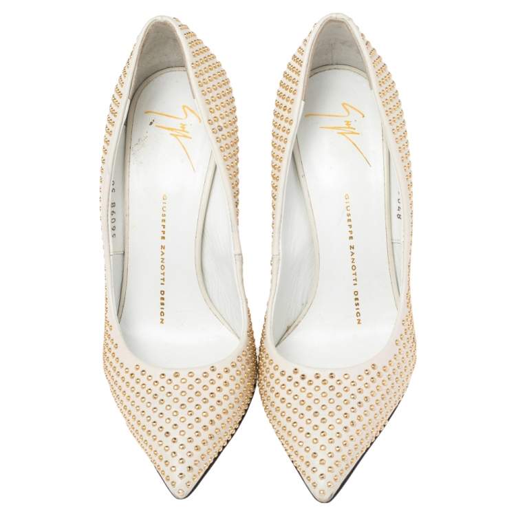 Pre Owned Giuseppe Zanotti Grey Leather Stud Embellished Pointed Toe Pumps Size 36.5