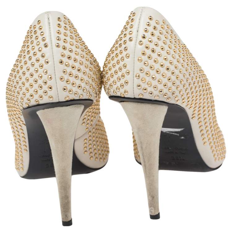 Pre Owned Giuseppe Zanotti Grey Leather Stud Embellished Pointed Toe Pumps Size 36.5