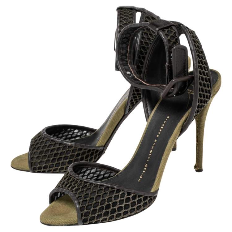 Pre Owned Giuseppe Zanotti Brown Leather And Net Ankle Strap Sandals Size 37