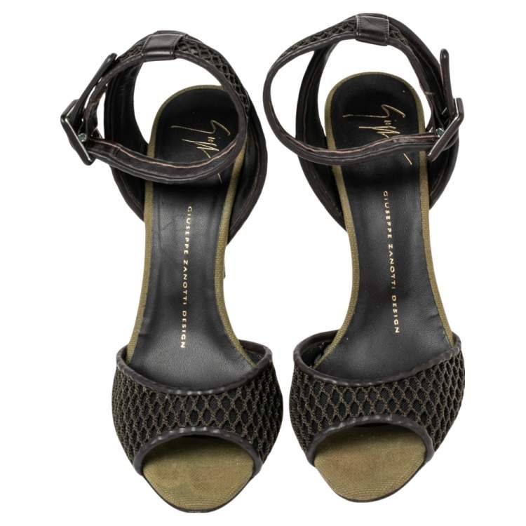 Pre Owned Giuseppe Zanotti Brown Leather And Net Ankle Strap Sandals Size 37