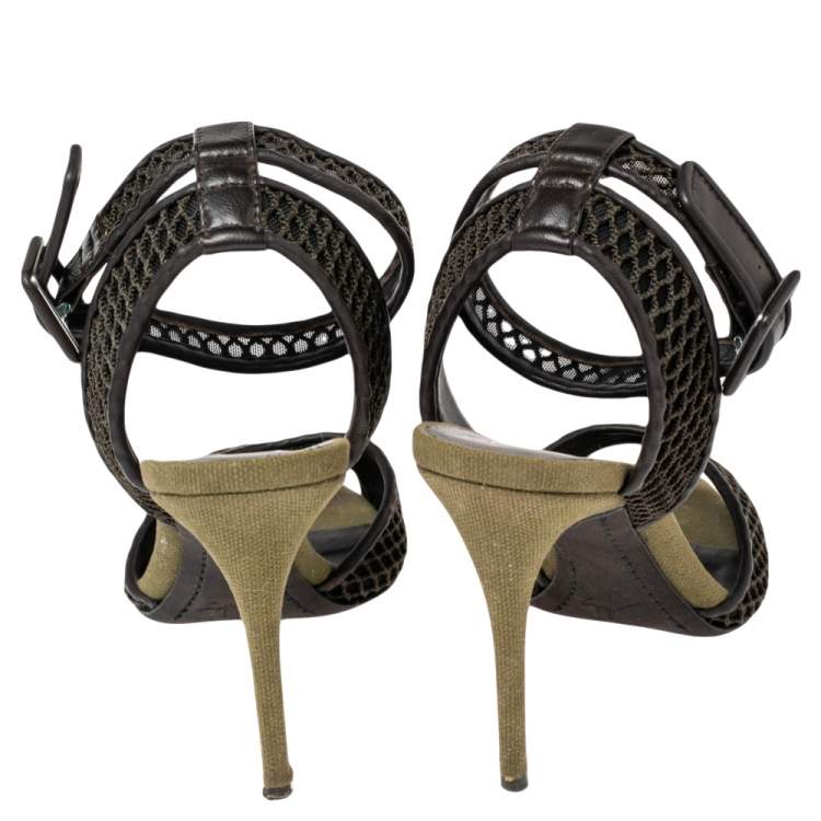 Pre Owned Giuseppe Zanotti Brown Leather And Net Ankle Strap Sandals Size 37