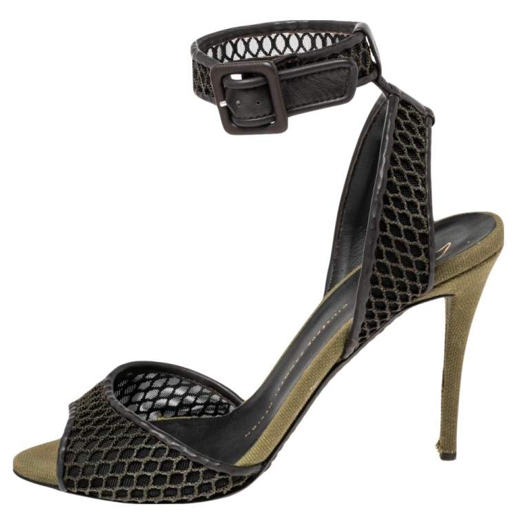Pre Owned Giuseppe Zanotti Brown Leather And Net Ankle Strap Sandals Size 37