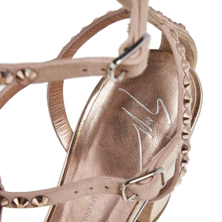 Pre Owned Giuseppe Zanotti Beige Suede Crystal Embellished Ankle Strap Sandals Size 37