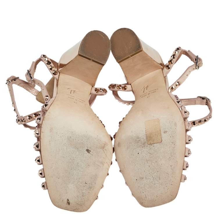 Pre Owned Giuseppe Zanotti Beige Suede Crystal Embellished Ankle Strap Sandals Size 37