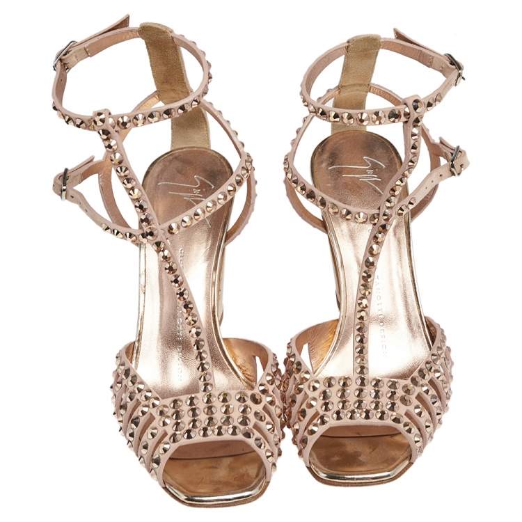 Pre Owned Giuseppe Zanotti Beige Suede Crystal Embellished Ankle Strap Sandals Size 37
