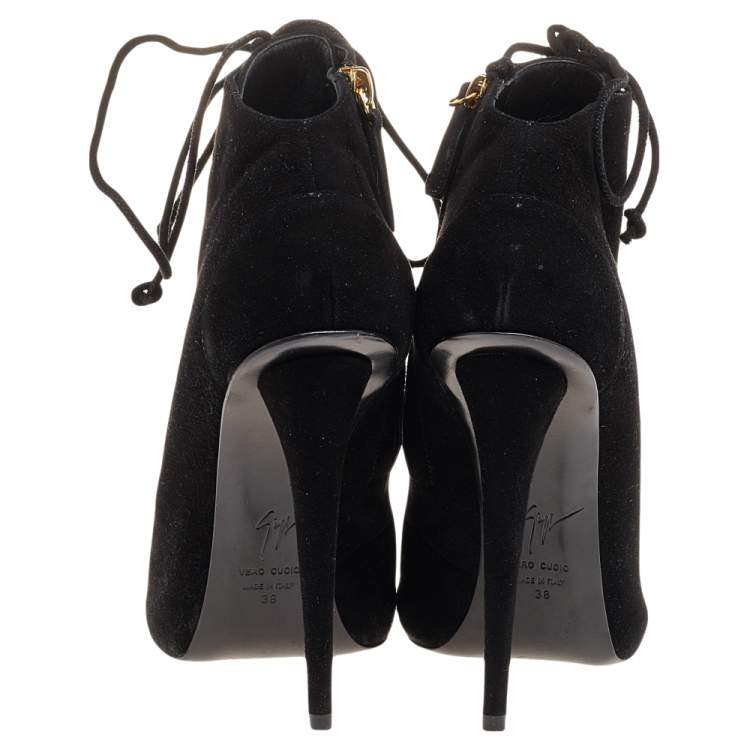 Pre Owned Giuseppe Zanotti Black Suede Lace Up Booties Size 38