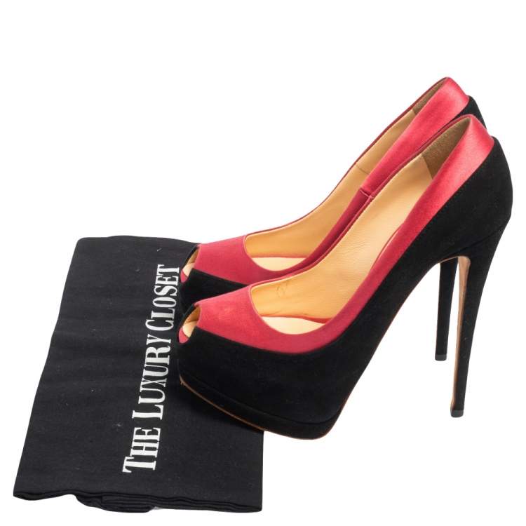 Pre Owned Giuseppe Zanotti Black/Pink Suede and Satin Peep Toe Platform Pumps Size 36