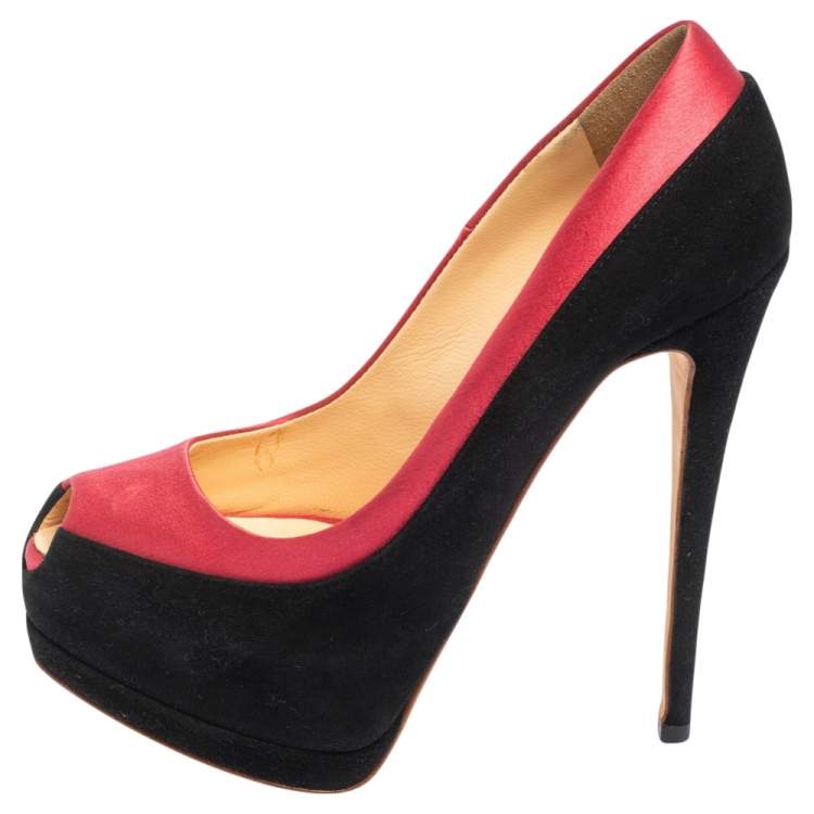 Pre Owned Giuseppe Zanotti Black/Pink Suede and Satin Peep Toe Platform Pumps Size 36