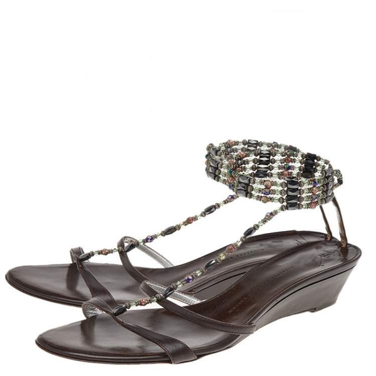 Pre Owned Giuseppe Zanotti Brown Leather Embellished Sandals Size 41