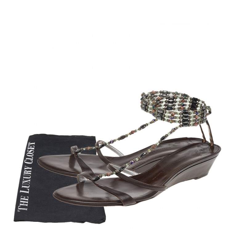 Pre Owned Giuseppe Zanotti Brown Leather Embellished Sandals Size 41
