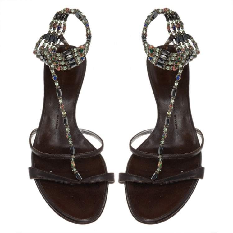 Pre Owned Giuseppe Zanotti Brown Leather Embellished Sandals Size 41