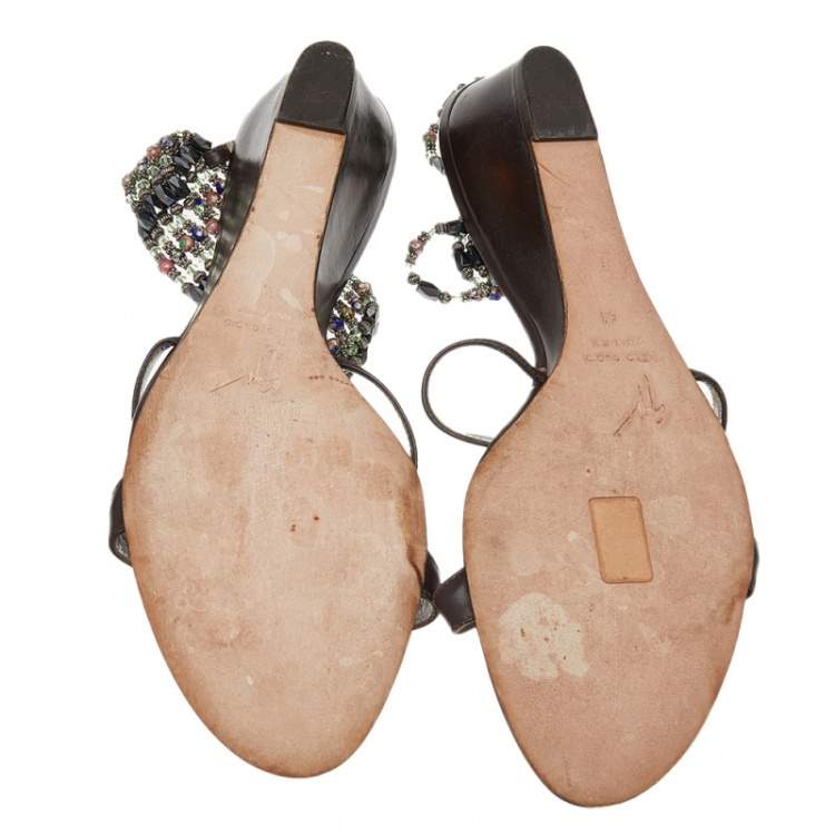 Pre Owned Giuseppe Zanotti Brown Leather Embellished Sandals Size 41