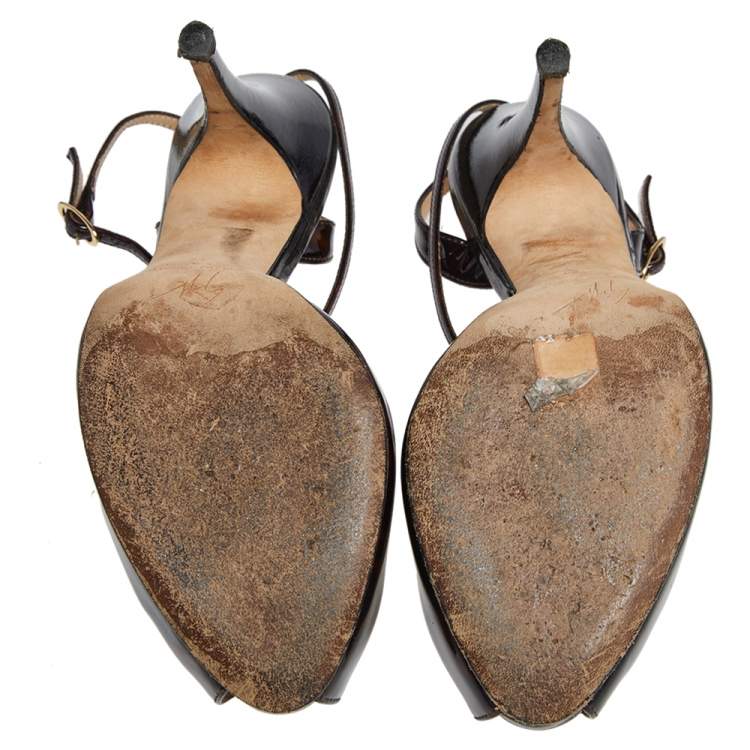Pre Owned Giuseppe Zanotti Brown Tortoise Patent Leather Peep Toe Ankle Strap Sandals Size 37