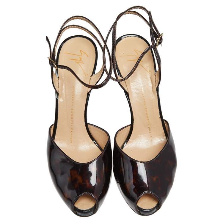 Pre Owned Giuseppe Zanotti Brown Tortoise Patent Leather Peep Toe Ankle Strap Sandals Size 37