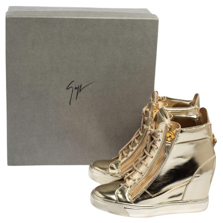 Pre Owned Giuseppe Zanotti  Rose Gold Leather High Top Wedge Sneakers 37
