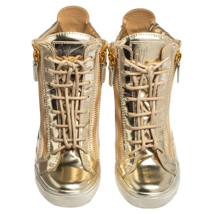 Pre Owned Giuseppe Zanotti  Rose Gold Leather High Top Wedge Sneakers 37