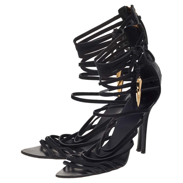 Pre Owned Giuseppe Zanotti Black Nubuck And Lizard Embossed Leather Strappy “Mortisia” Sandals Size 40