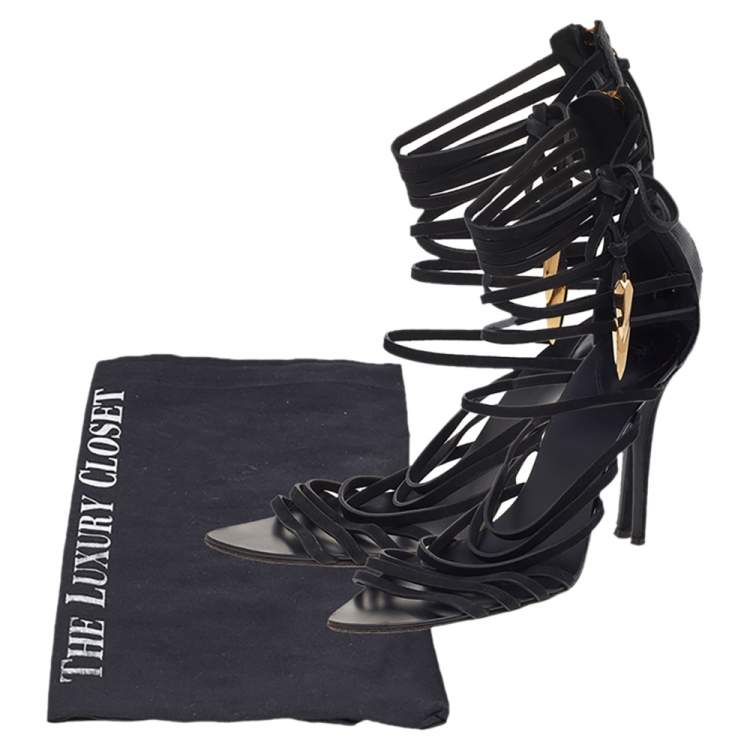 Pre Owned Giuseppe Zanotti Black Nubuck And Lizard Embossed Leather Strappy “Mortisia” Sandals Size 40