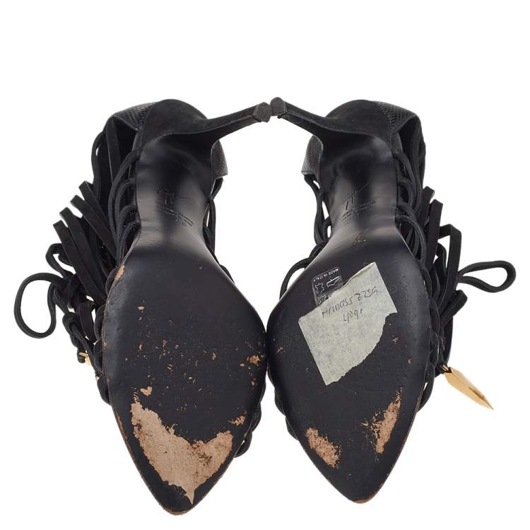 Pre Owned Giuseppe Zanotti Black Nubuck And Lizard Embossed Leather Strappy “Mortisia” Sandals Size 40