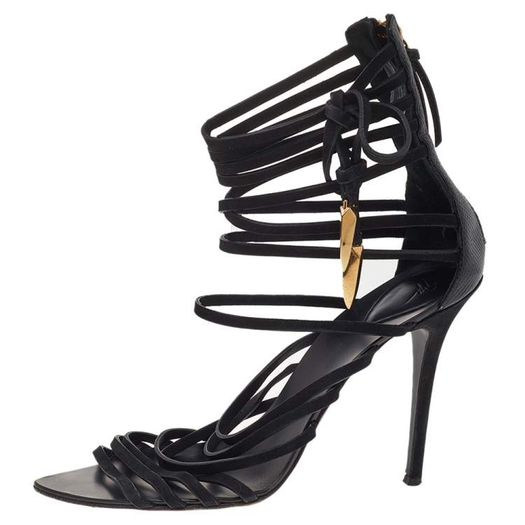 Pre Owned Giuseppe Zanotti Black Nubuck And Lizard Embossed Leather Strappy “Mortisia” Sandals Size 40