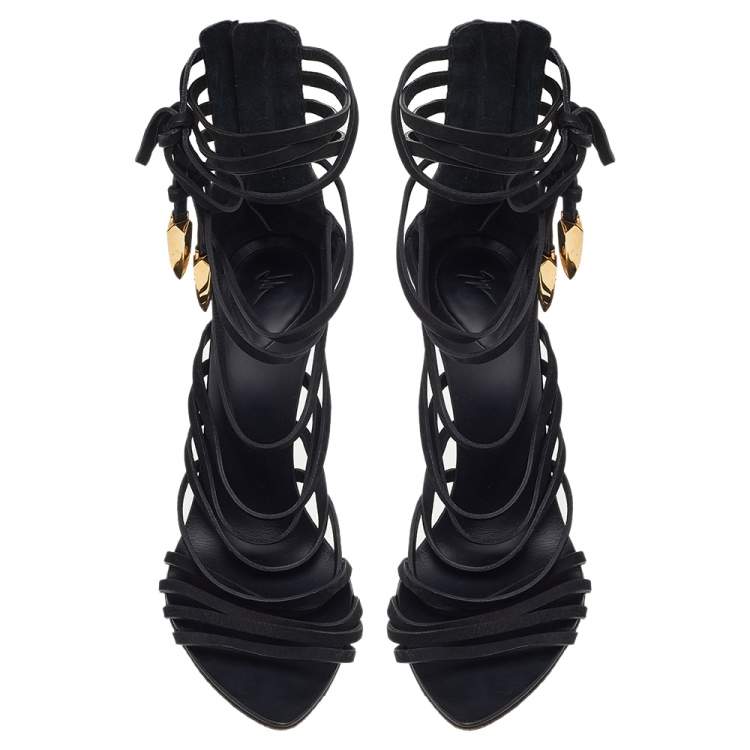 Pre Owned Giuseppe Zanotti Black Nubuck And Lizard Embossed Leather Strappy “Mortisia” Sandals Size 40