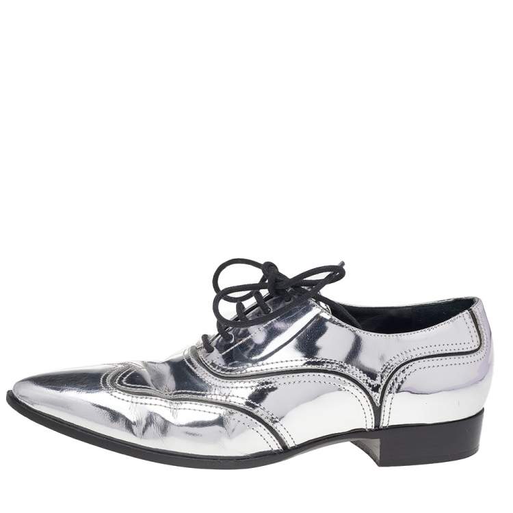 Silver Metallic Shiny Leather Lace Up Shoes Womens Sneakers