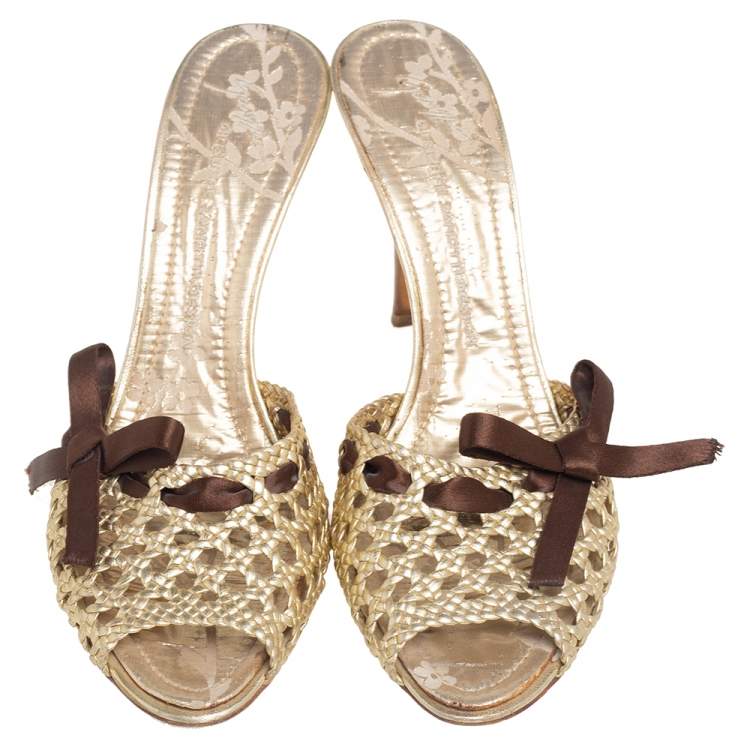Pre Owned Giuseppe Zanotti Gold Woven Leather Slide Sandals Size 41