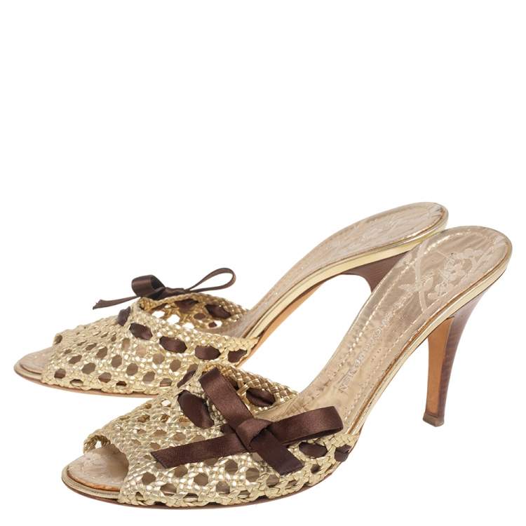 Pre Owned Giuseppe Zanotti Gold Woven Leather Slide Sandals Size 41