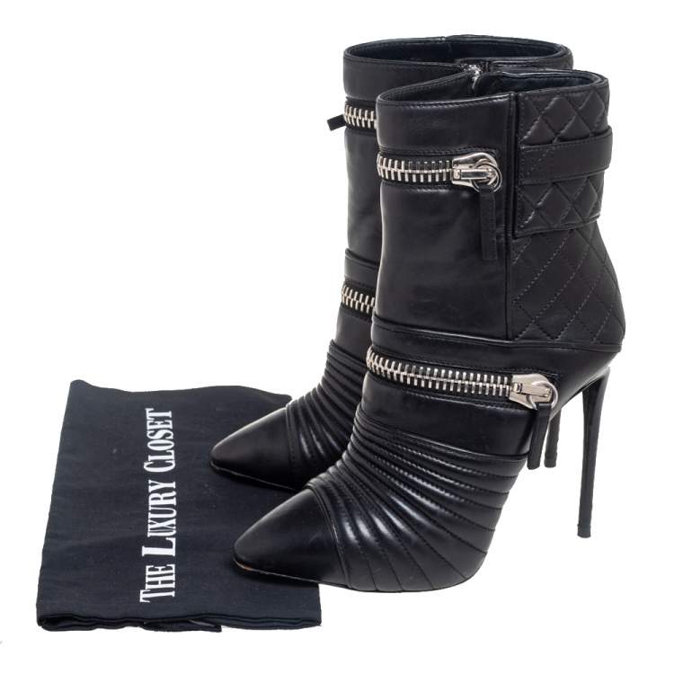 Pre Owned Giuseppe Zanotti Black Quilted Leather Olinda Zipper Detail Ankle Boots Size 39