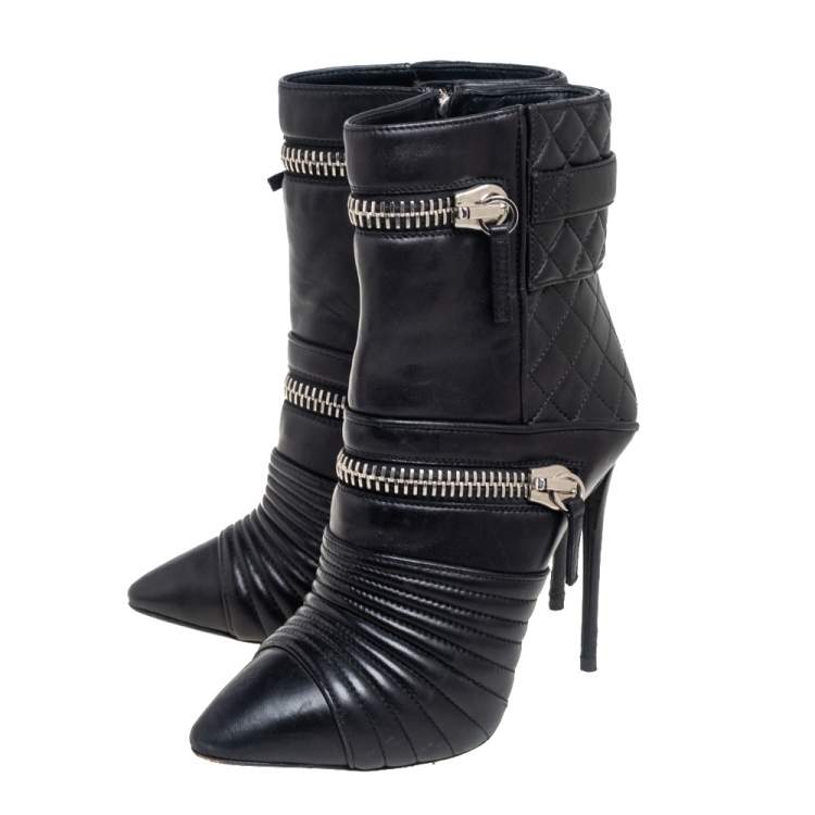 Pre Owned Giuseppe Zanotti Black Quilted Leather Olinda Zipper Detail Ankle Boots Size 39