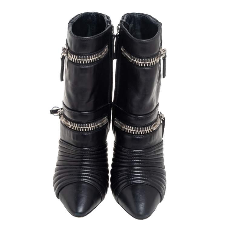 Pre Owned Giuseppe Zanotti Black Quilted Leather Olinda Zipper Detail Ankle Boots Size 39