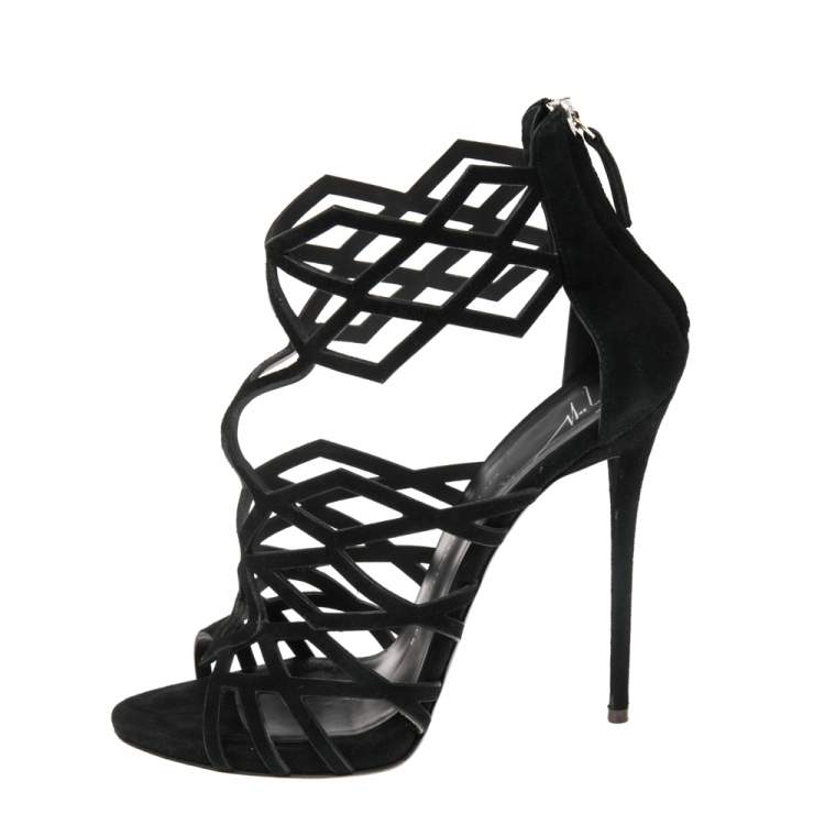 Pre Owned Giuseppe Zanotti Black Suede Cutout Accet Sandals Size 41