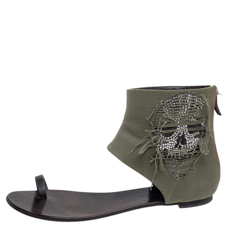 Pre Owned Giuseppe Zanotti Green Canvas Skull Crystal Embellished Toe Ring Zipper Flats Size 41