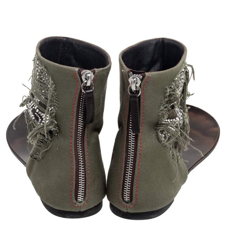 Pre Owned Giuseppe Zanotti Green Canvas Skull Crystal Embellished Toe Ring Zipper Flats Size 41