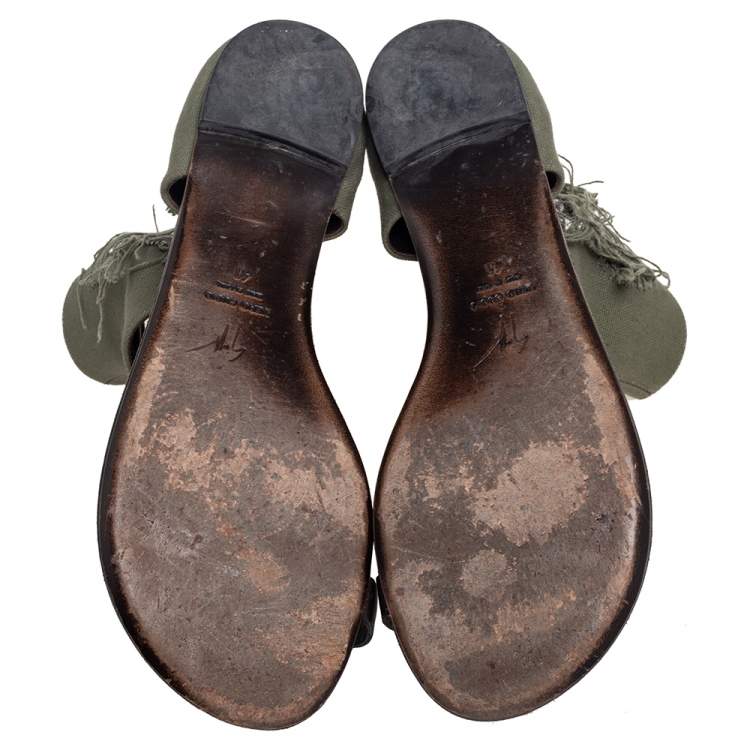 Pre Owned Giuseppe Zanotti Green Canvas Skull Crystal Embellished Toe Ring Zipper Flats Size 41